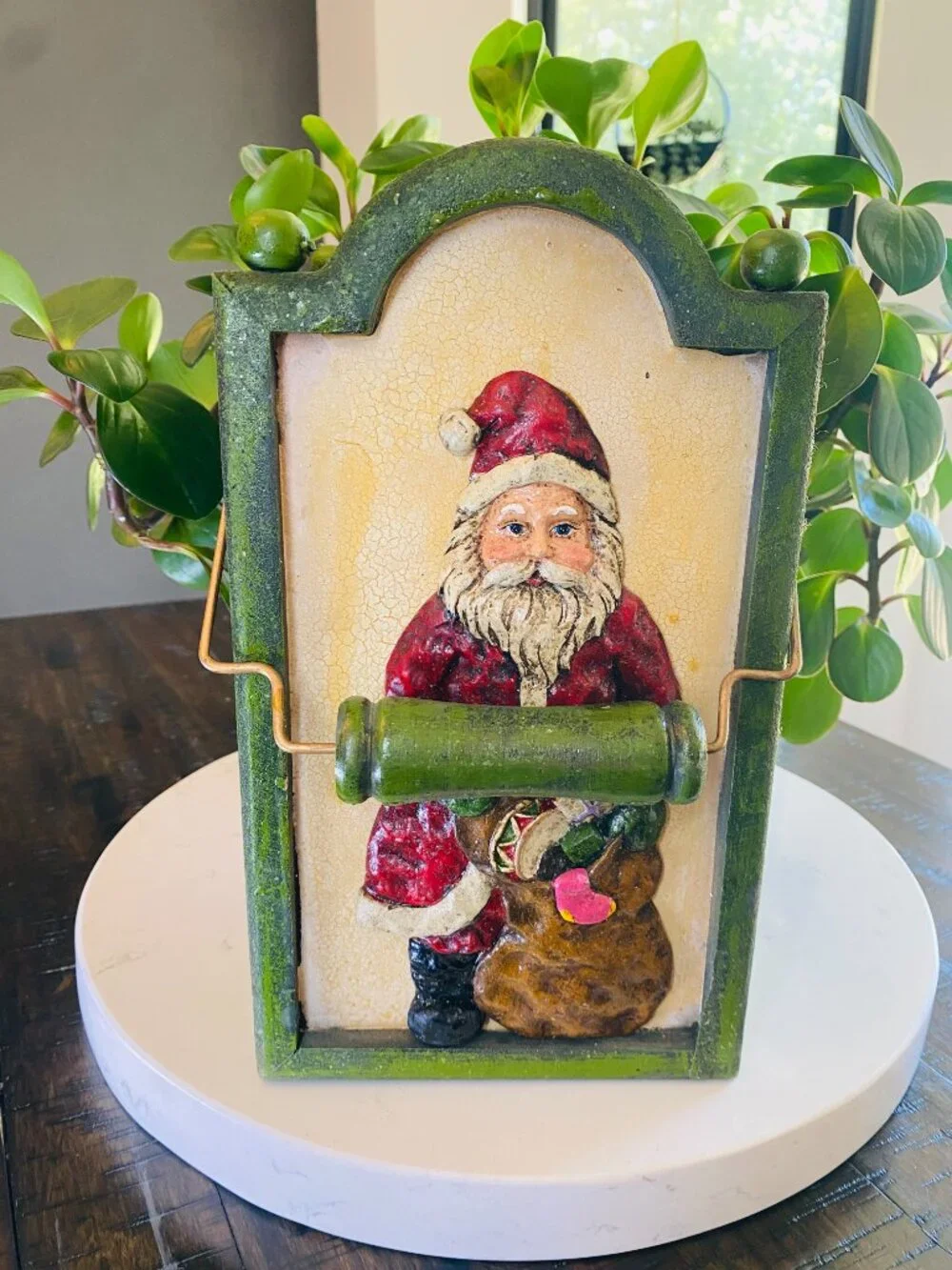 Vintage Crackle Green Wood Santa Carrier Box Wire Handle Farmhouse Christmas